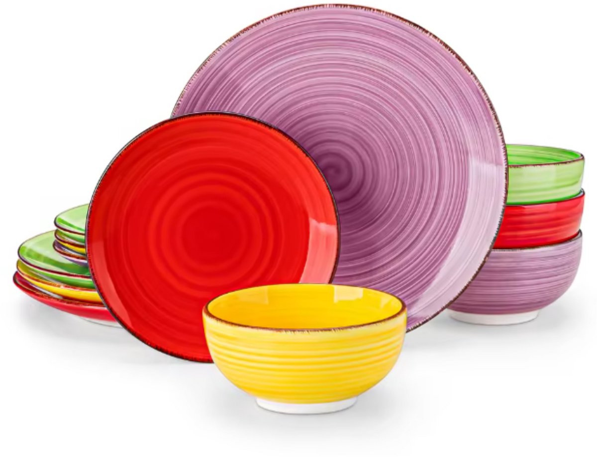 Lucenzo Serviesset - 12 delig - 4 persoons - Kleurrijk - Dinerborden - Bordenset - Diepe borden - Ontbijtborden - Servies - Keukenservies