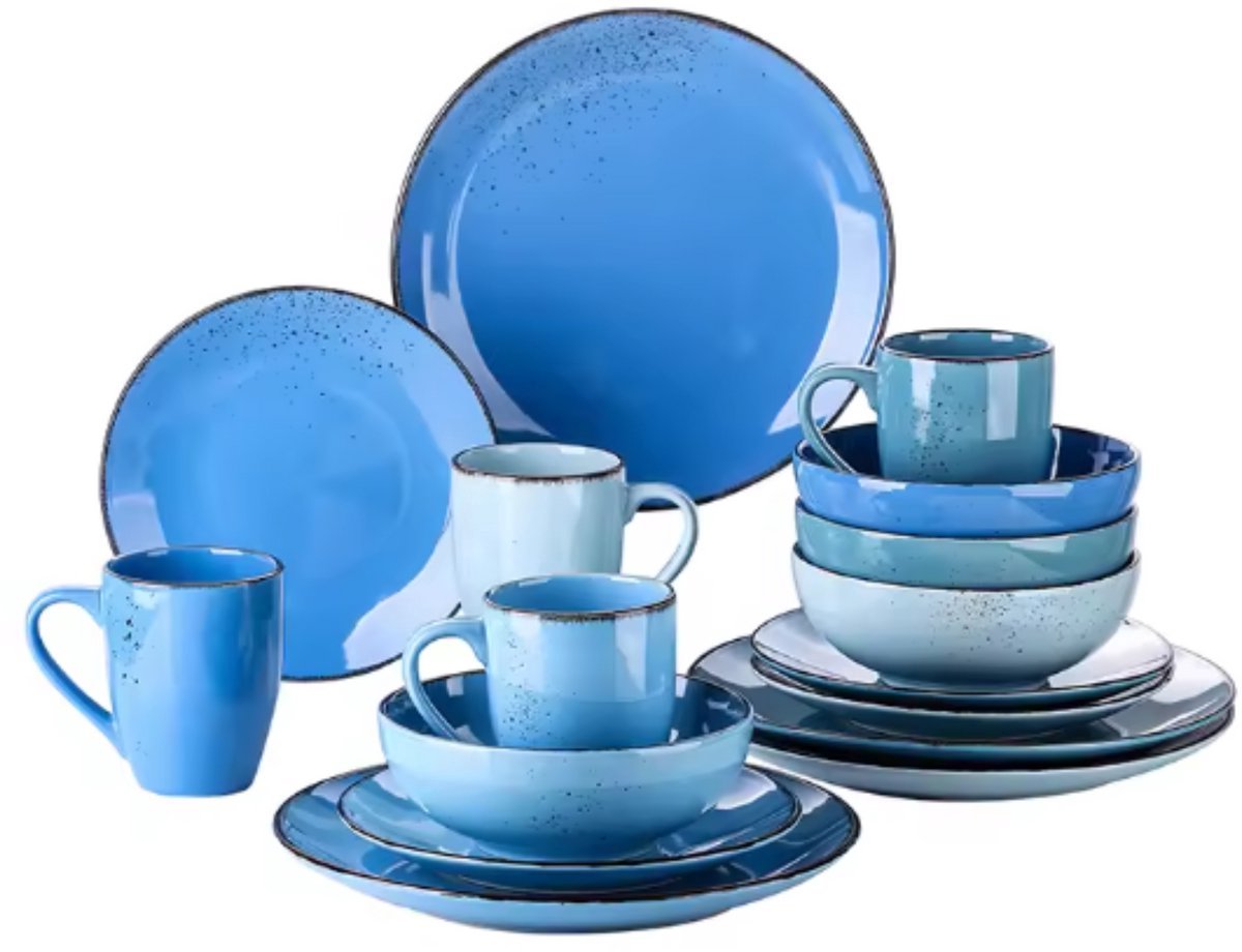 Majestic Lucenzo Serviesset - 16 delig - 12 persoons - Mix blauw - Dinerborden - Bordenset - Diepe borden - Ontbijtborden - Servies - Keukenservies - Luxe design - Tafelstijl