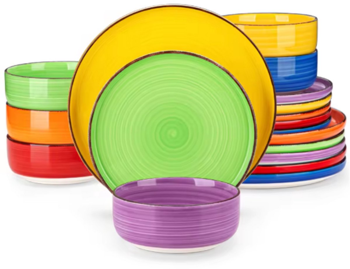 Santivo Serviesset - 18 delig - 6 persoons - Kleurrijk - Dinerborden - Bordenset - Diepe borden - Ontbijtborden - Servies - Keukenservies