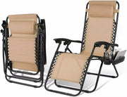 Opvouwbare stoel verstelbare stalen gaas - Zero Gravity lounge stoel - Fauteuils met kussens en bekerhouder - Beige - 2 Stuks