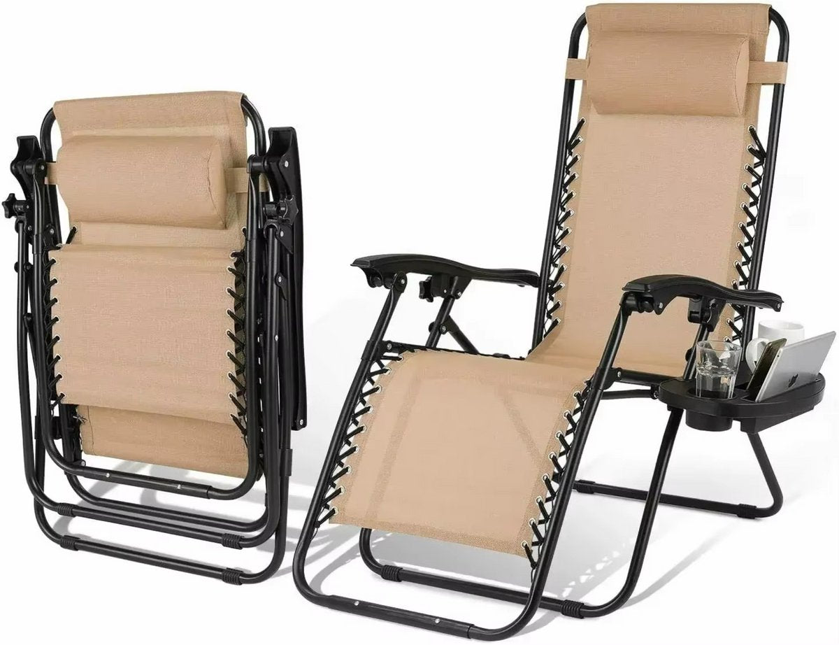 Opvouwbare stoel verstelbare stalen gaas - Zero Gravity lounge stoel - Fauteuils met kussens en bekerhouder - Beige - 2 Stuks