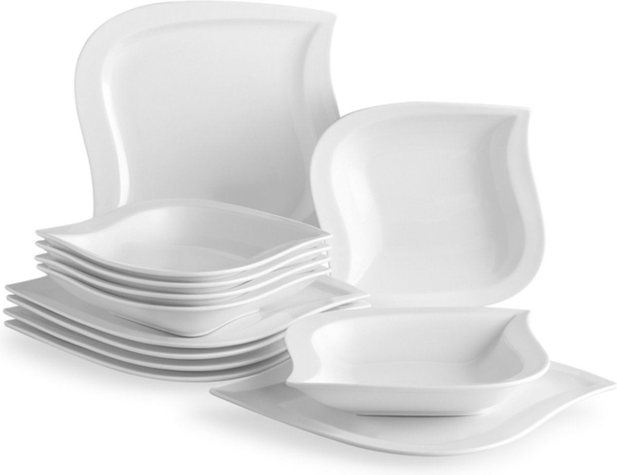 Happyment Luxe Serviesset - 6 Persoons - Porselein - 12 Delig - Bordenset 6 persoons - Bordenset 12 delig - Wit