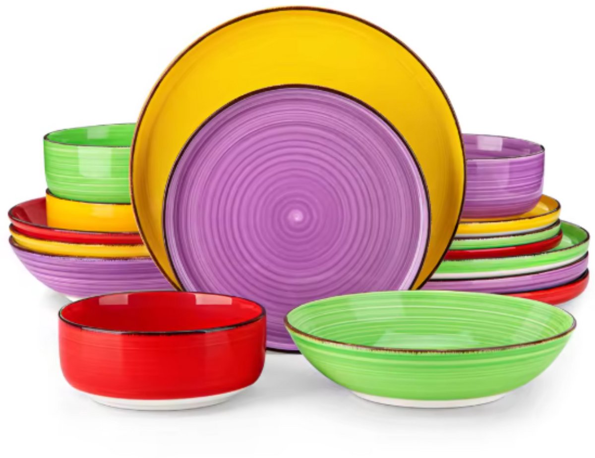 Velentino Serviesset - 16 delig - 4 persoons - Kleurrijk - Dinerborden - Bordenset - Diepe borden - Ontbijtborden - Servies - Keukenservies