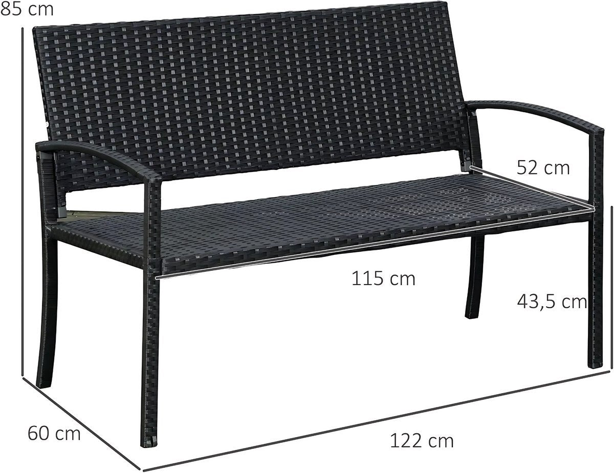 Tuin bank Fioren - Twee zits bankje - Voor Buiten & Veranda - All-Weather PU-Rieten Design met Stalen Frame - Lichtgewicht en Eenvoudige Montage - Tuinmeubilair - Zwart