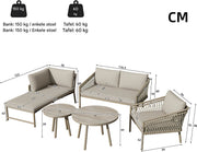 Tuinmeubelset - Loungeset - Tuinlounge Lounge Set - Lounge Set - Voor Tuin, Terras of Balkon - 2-Zits Sofa, 2 Fauteuils & Salontafel - Handgeweven Touw, Houtlook & Glasplaat - Gegalvaniseerd Staal