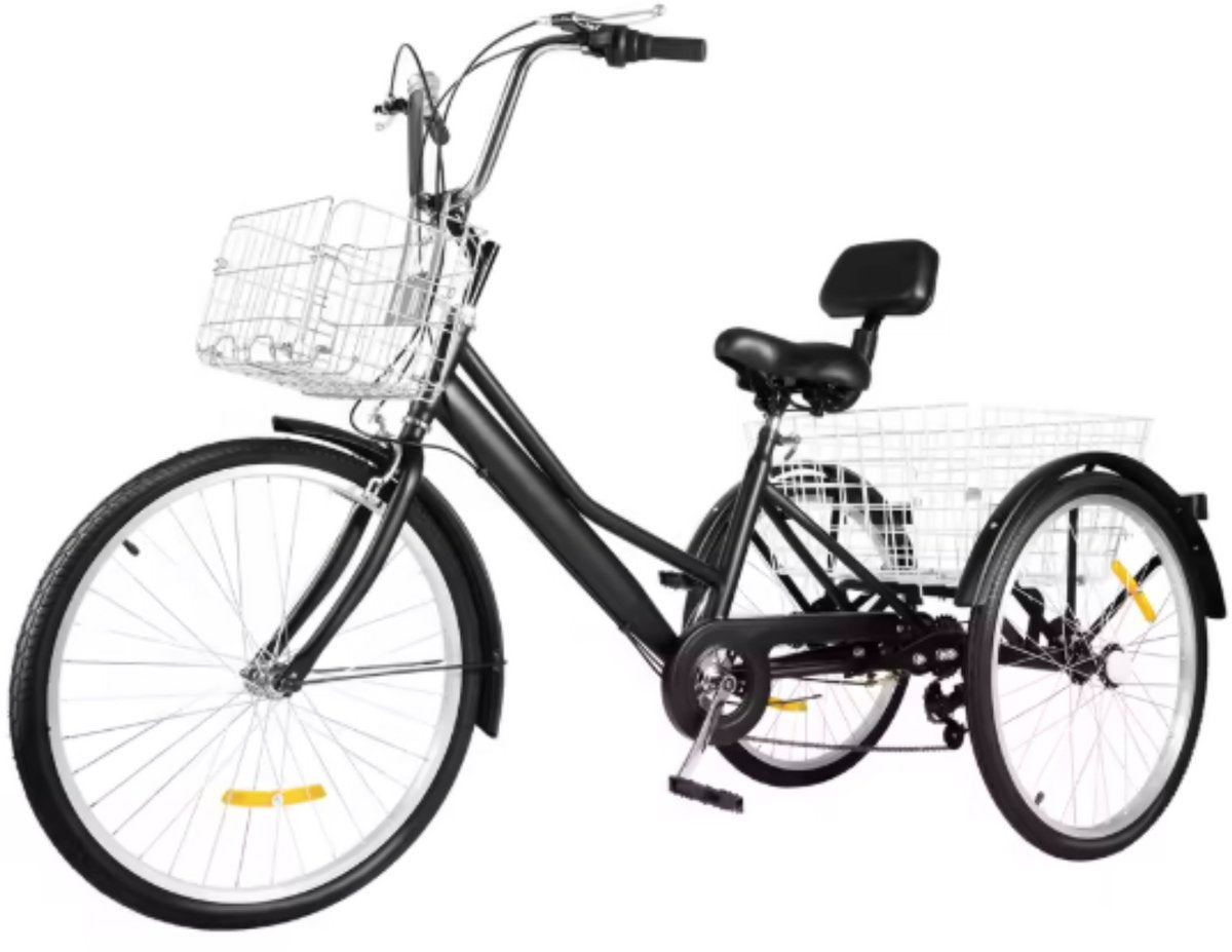 Driewieler London - 7 versnellingen - Fiets voor volwassenen en senioren - 24 Inch - Opvouwbare - Verstelbaar - Met mand - Voorrem - Zwart - 120KG
