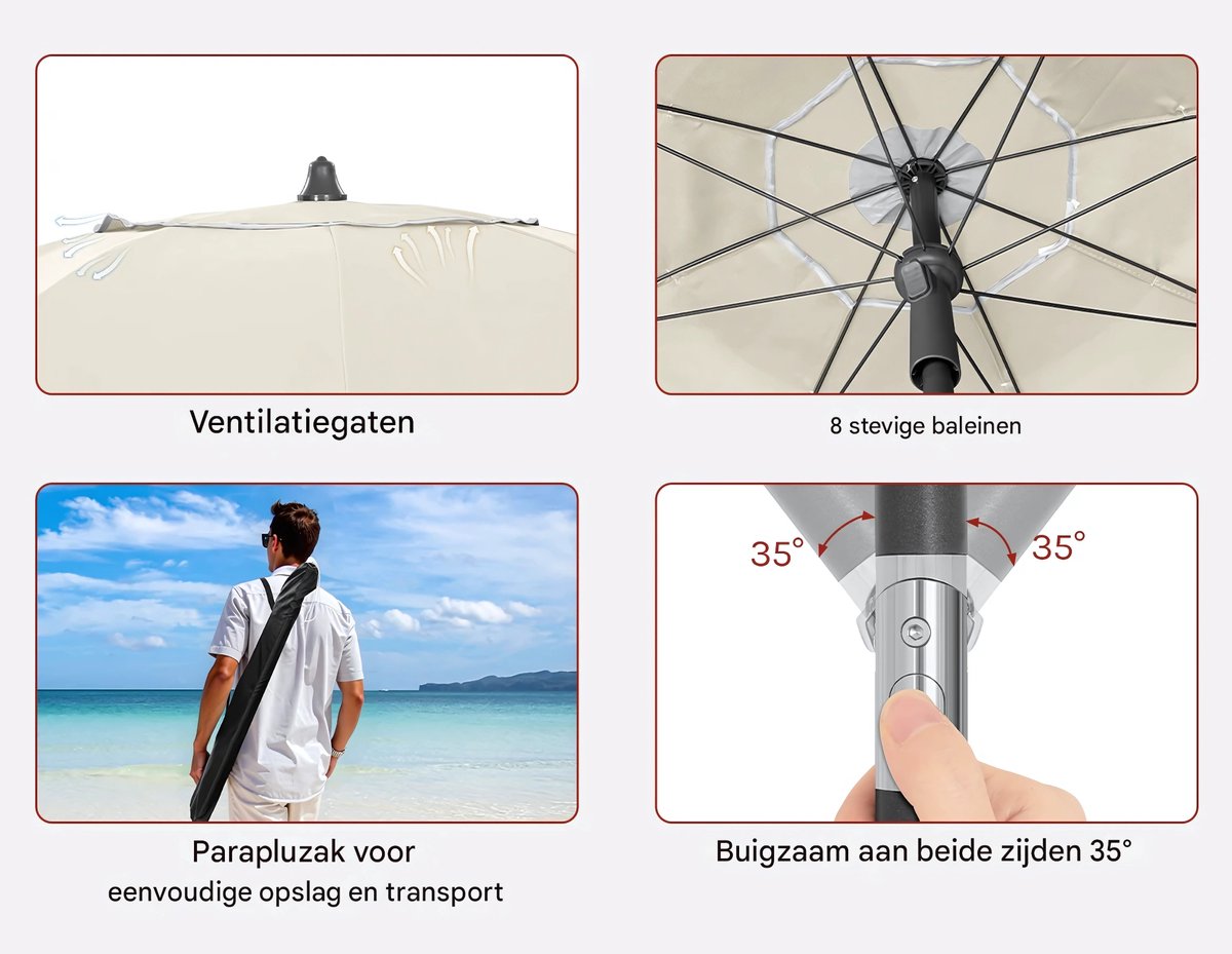 Ronde Parasol - Voor Balkon, Strand of Tuin - Verstelbaar & 45° Kantelbaar - UV-Resistent & Waterdicht - Beige Diameter 175cm