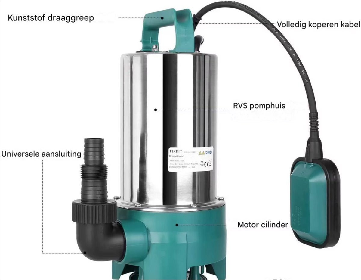 Vijverpomp - Waterpomp - Dompelpomp - Fonteinpomp - 1.100W - Voor Schoon en Vuil Water - Met Automatische Vlotterschakelaar - 16.500 L/u - Voor Zwembad, Vijver, Tuin & Overstromingskelder - Groen