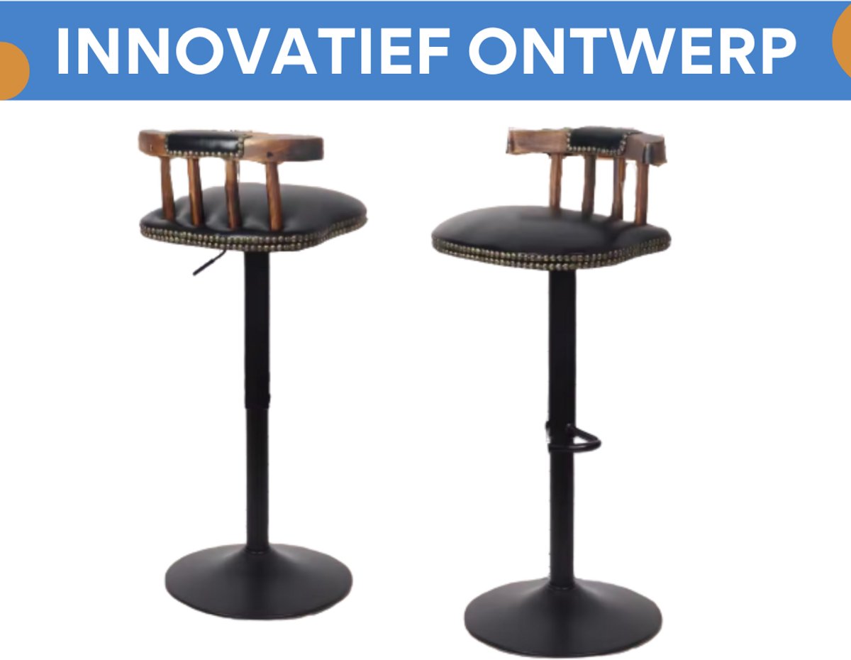 Retro Barkrukken - Set van 2 - Met rugleuning - Zwart - Verstelbaar - Voor Keuken, Bar of woonkamer - Draaibaar - PU leer