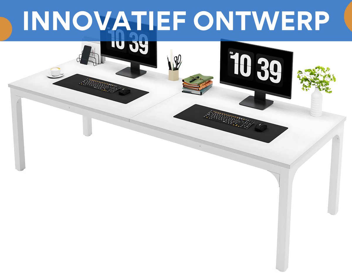 Computerbureau Milano - Voor 2 Personen - 200cm - Wit - Voor thuis of werk - Hout en metaal