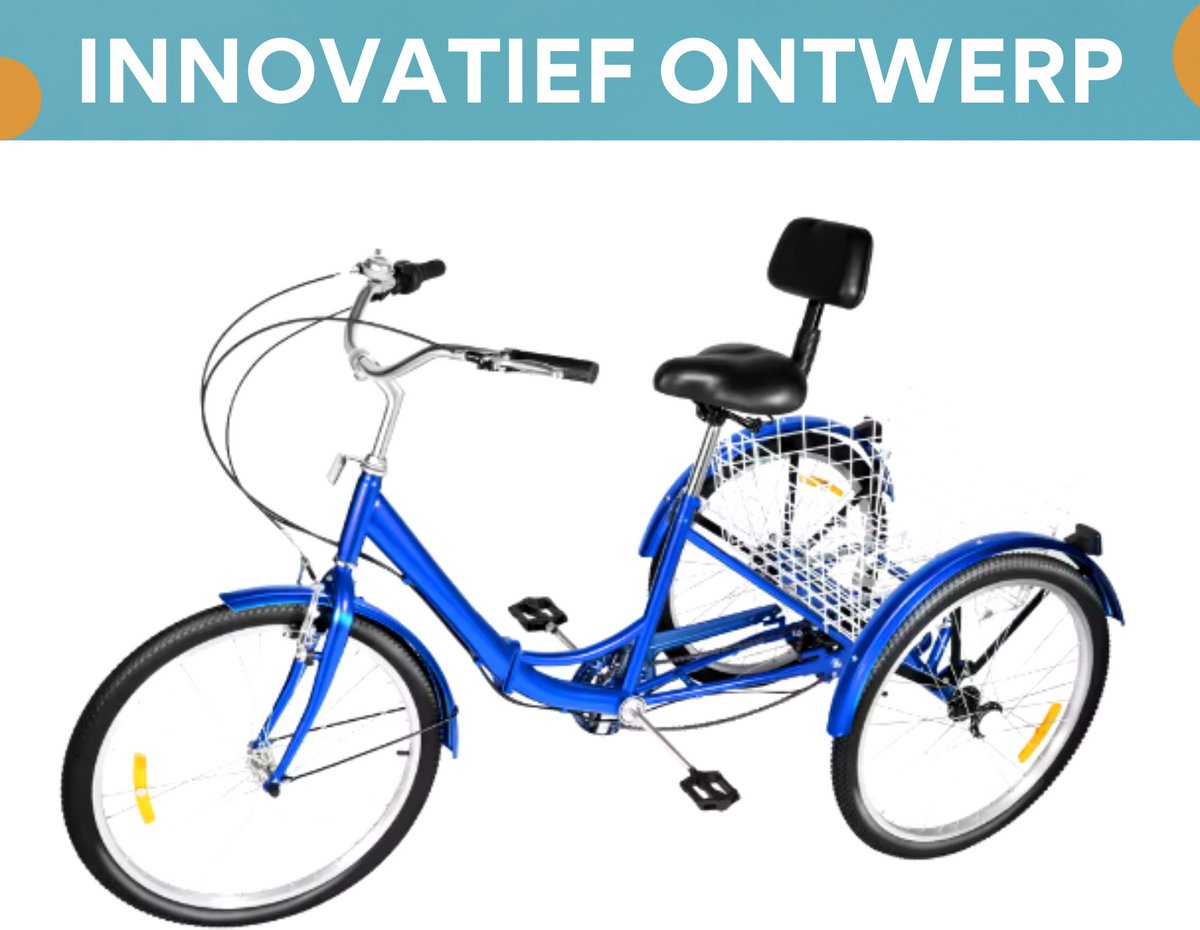 Driewieler Rustic - 7 versnellingen - Fiets voor volwassenen en senioren - 24 Inch - Opvouwbare - Verstelbaar - Met mand - Voorrem - Blauw - 120KG