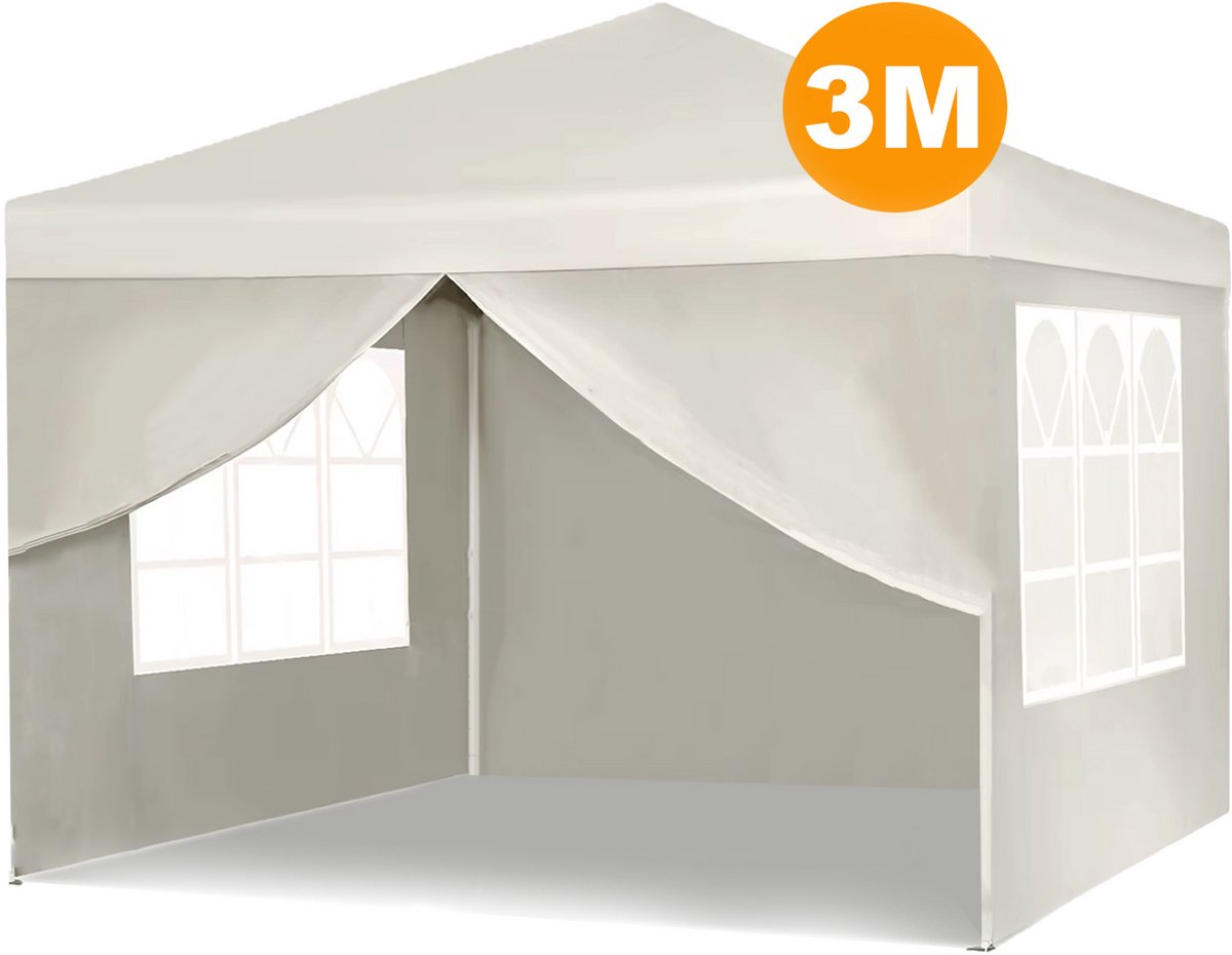 Happyment Partytent open - Beige - Met zijwanden - Opvouwbaar - Easy up - Paviljoen - Waterdicht weerbestendig - 3x3 m