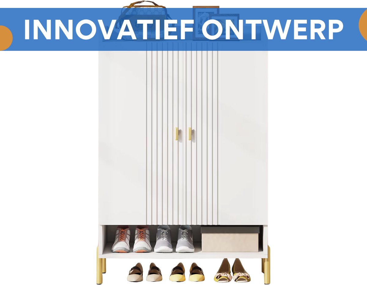 Schoenenkast Datino - Met deuren - Wit - Schoenenrek - 110cm - 6 laags - Houten opbergkast met kleppen