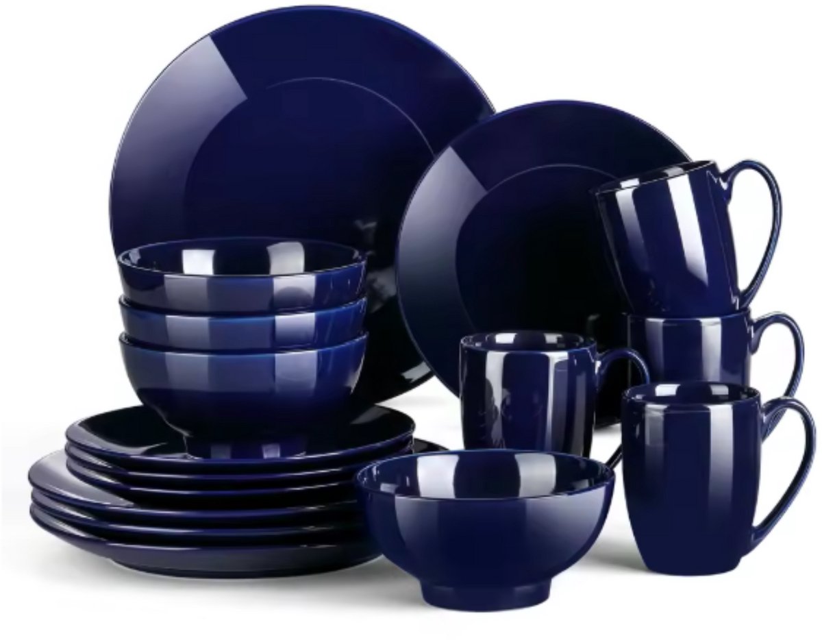 Velentino Serviesset - 16 delig - 4 persoons - Donkerblauw - Dinerborden - Bordenset - Diepe borden - Ontbijtborden - Servies - Keukenservies