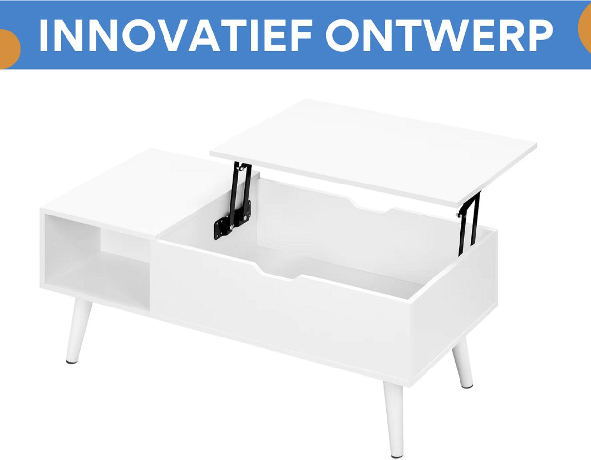 Salontafel Dulvia- Wit - Tafel voor woonkamer - Met opbergruimte en hefplank - Laptoptafel