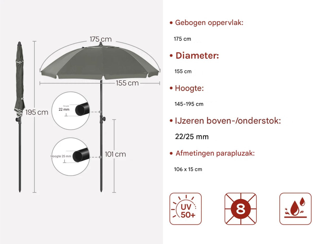 Ronde Parasol - Voor Balkon, Strand of Tuin - Verstelbaar & 45° Kantelbaar - UV-Resistent & Waterdicht - Gray Diameter 155cm