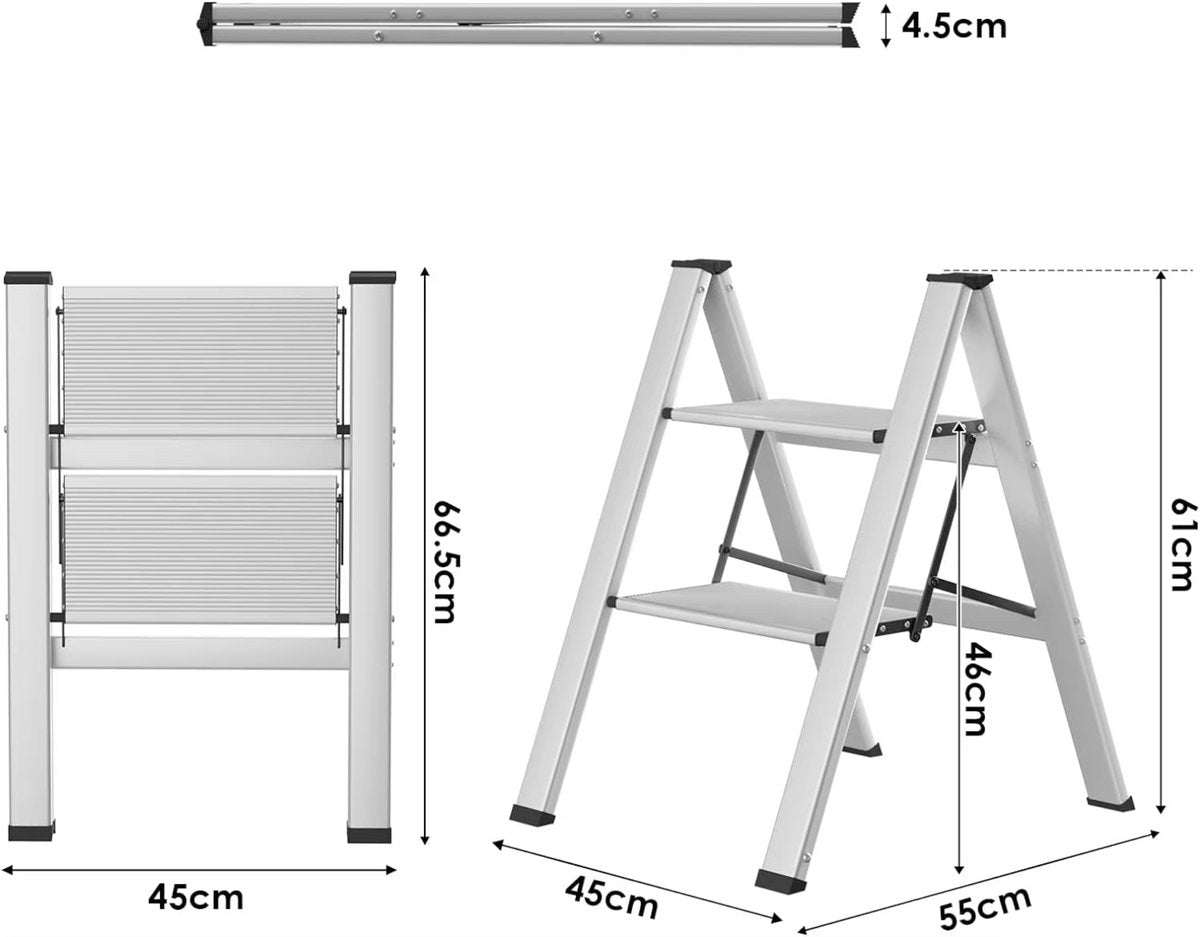 Huishoudtrap - Keukentrap - 2 treden - Ladder Aluminium - Opstapkruk met anitslip - Lichtgewicht - 150KG Belastbaar - Zilver