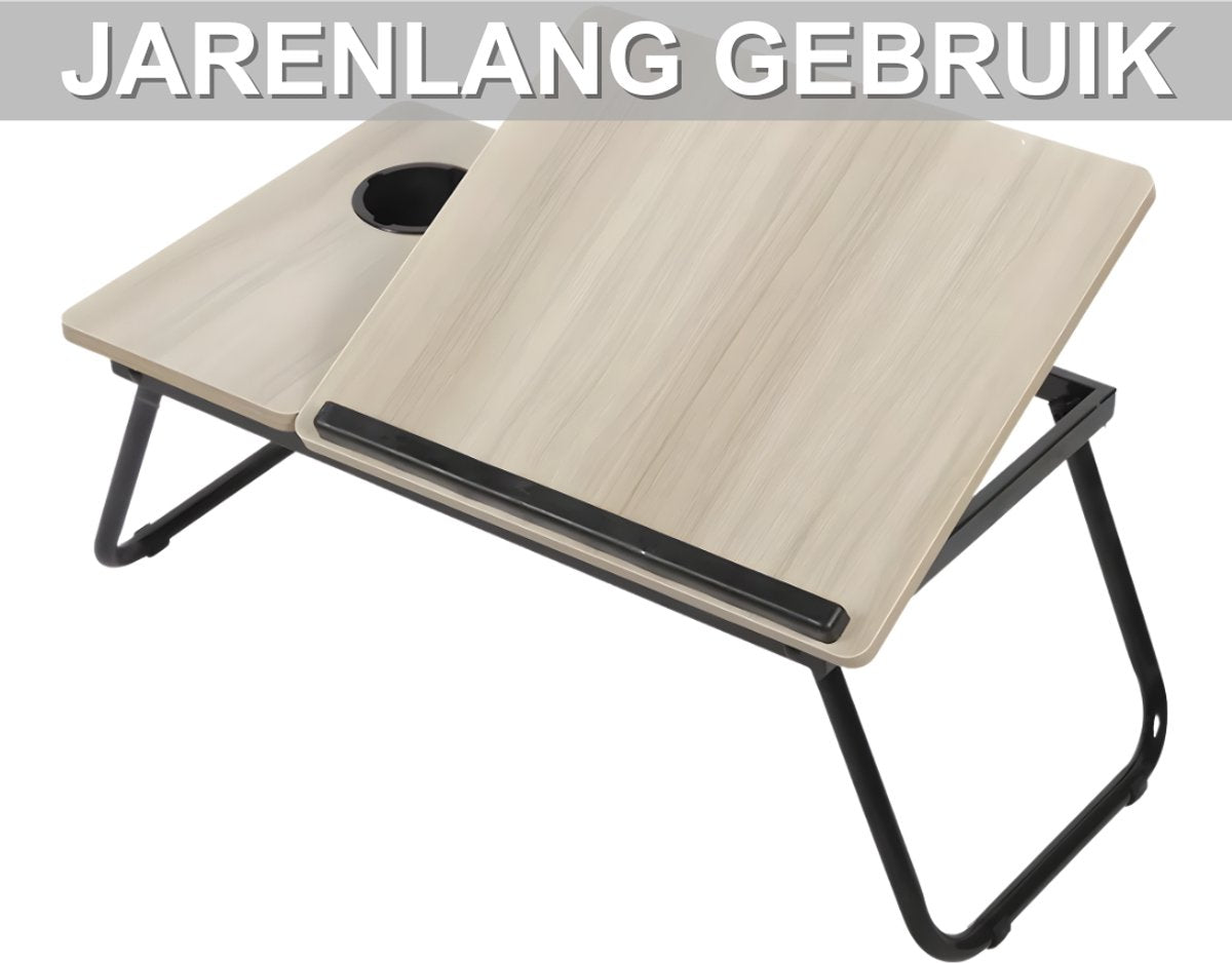 Laptoptafel – Tablethouder - Bedtafel – Voor bed, kantoor of studie – In hoogte verstelbaar met bekerhouder – Beige