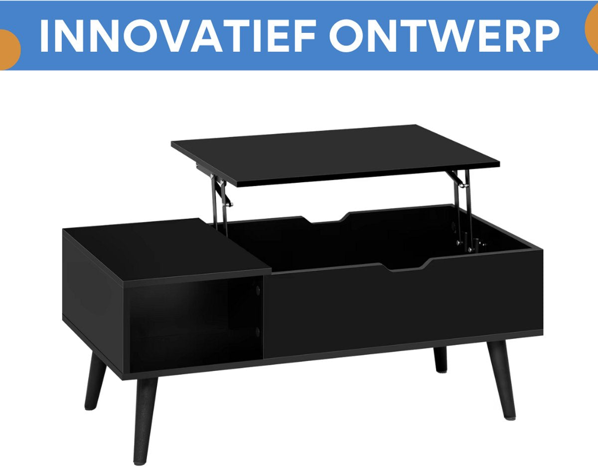 Salontafel Dulvia- Zwart - Tafel voor woonkamer - Met opbergruimte en hefplank - Laptoptafel