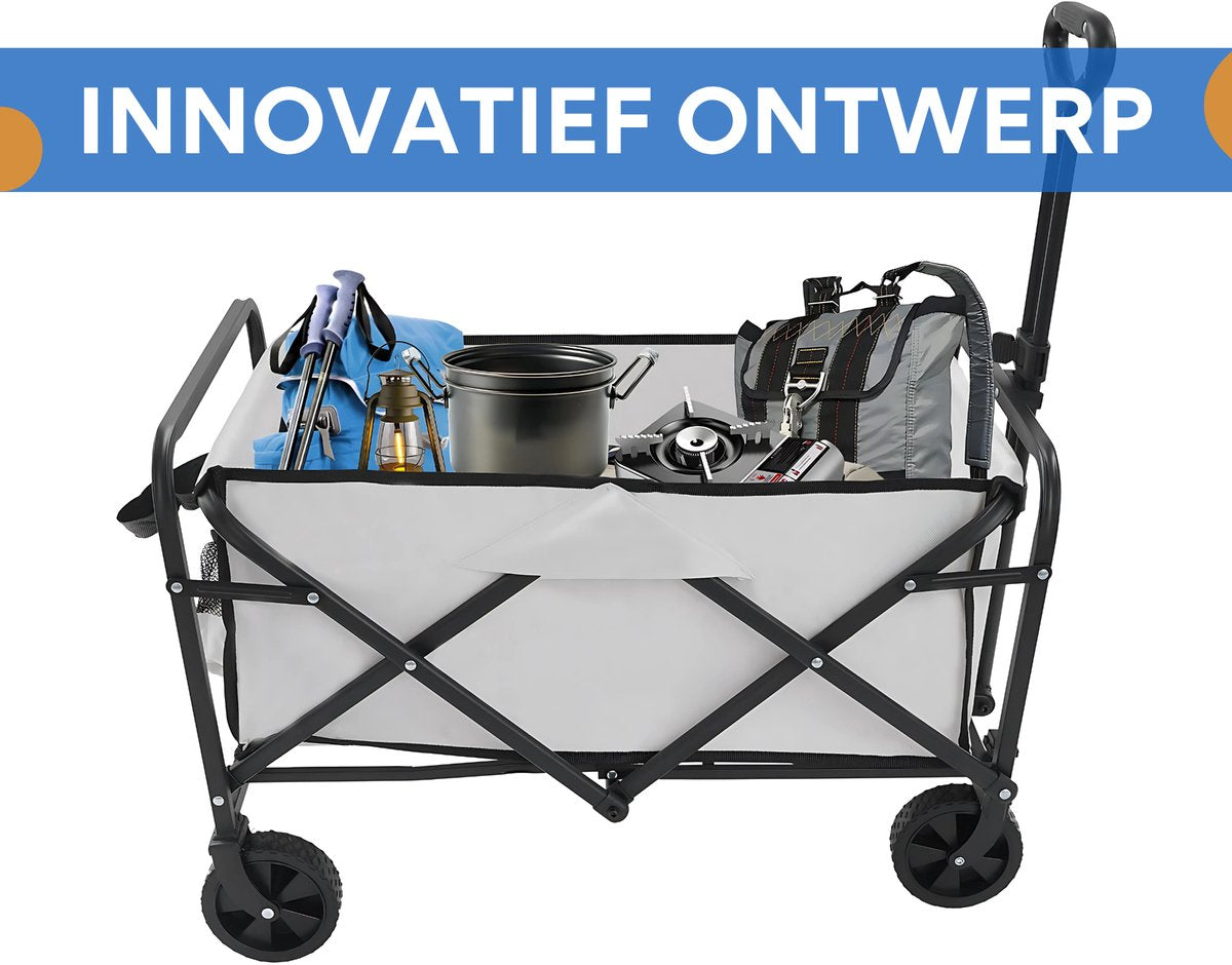 Bolderkar - Handkar Opvouwbaar - Boodschappenkar - Trolley - Voor Transport & Boodschappen - Verstelbare Handgreep, Zijvakken - Wit