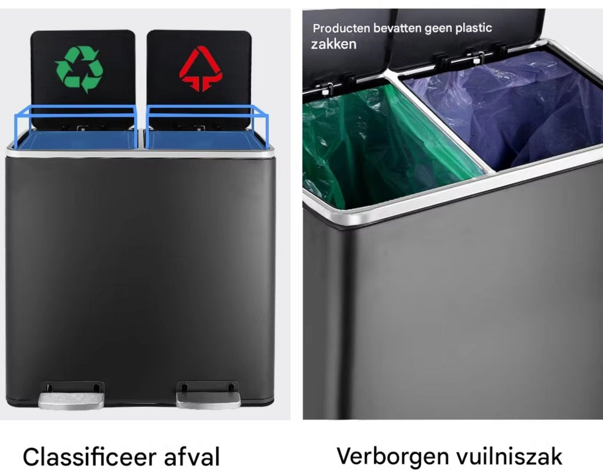 Pedaalemmer 2 vakken - 60L - Prullenbak - Afvalscheiding - RVS - Softclose - Anti-slip - Grijs