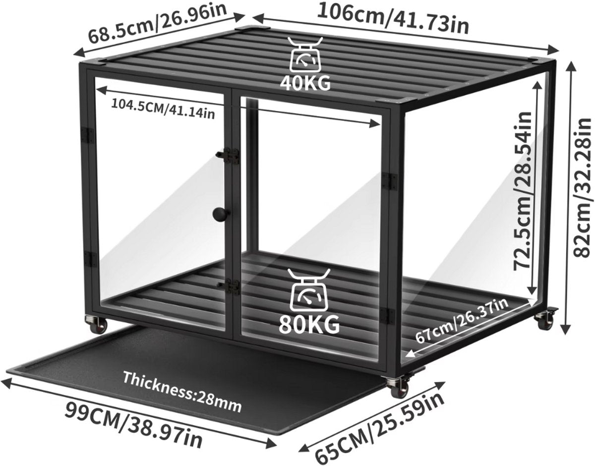 Hondenbench Cleany - Op wieltjes - Gehard glas - Hondenkennel - Met Aluminium Frame - 106cm