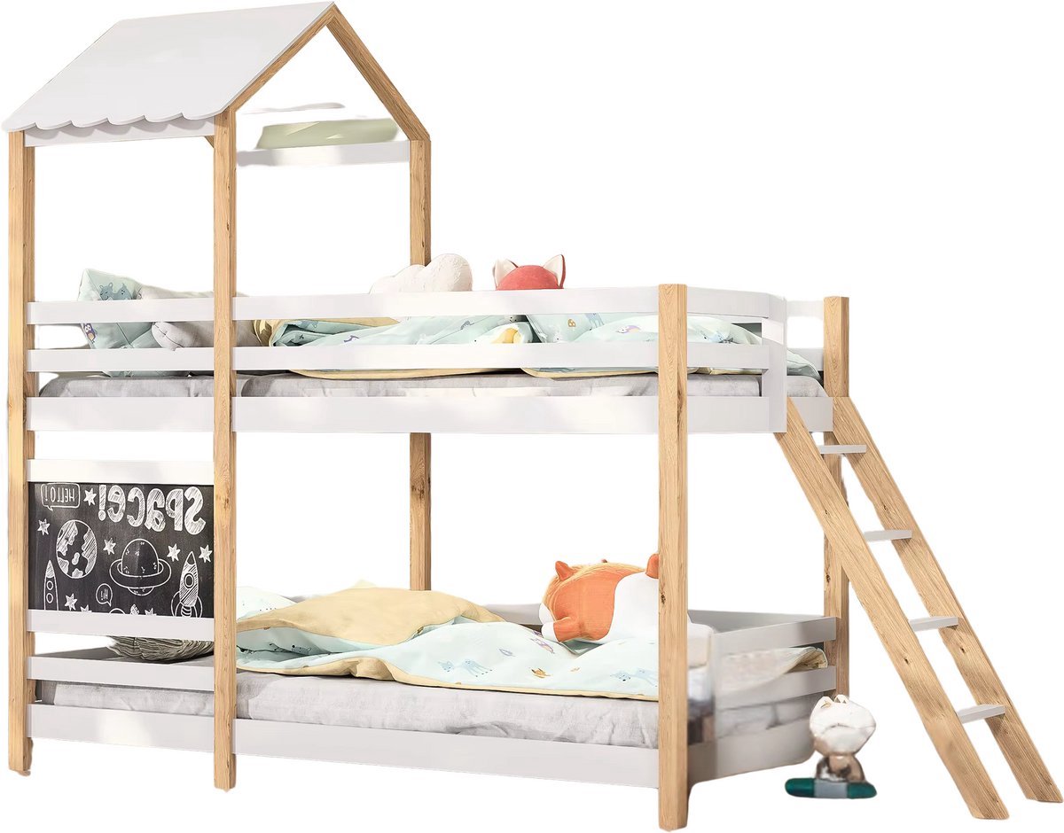 Stapelbed Fioren voor kinderen - 90x200 cm - Kinderbedden - Schoolbord - Met Hoektrap, valbeveiliging en raam - Peuterbed - Hoogslaper