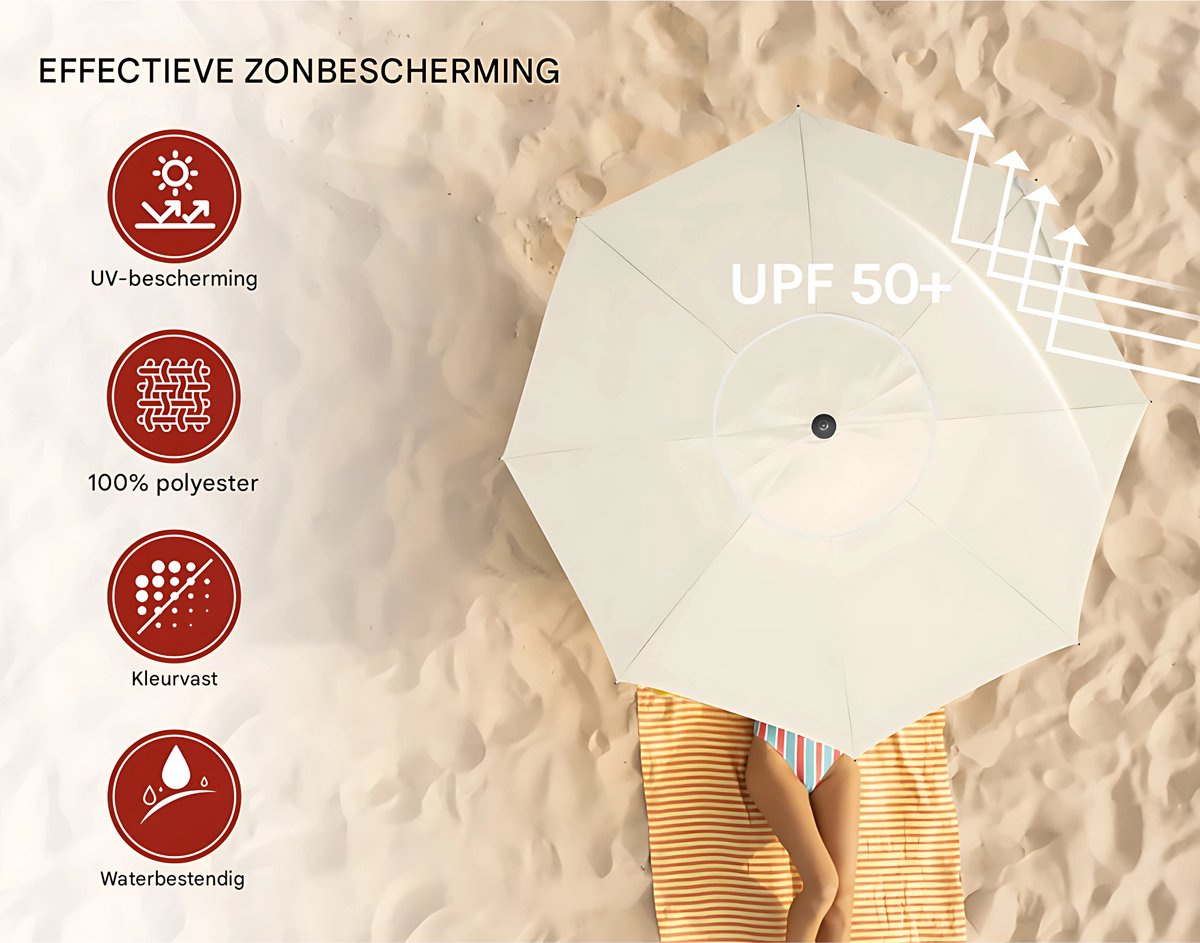 Ronde Parasol - Voor Balkon, Strand of Tuin - Verstelbaar & 45° Kantelbaar - UV-Resistent & Waterdicht - Beige Diameter 175cm