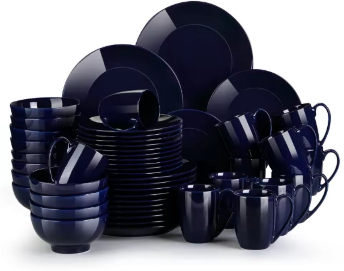 Santivo Serviesset - 48 delig - 12 persoons - Donkerblauw - Dinerborden - Bordenset - Diepe borden - Ontbijtborden - Servies - Keukenservies