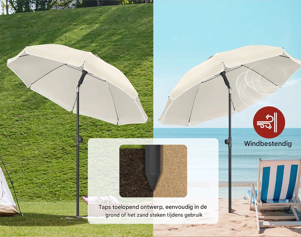 Ronde Parasol - Voor Balkon, Strand of Tuin - Verstelbaar & 45° Kantelbaar - UV-Resistent & Waterdicht - Beige Diameter 155cm