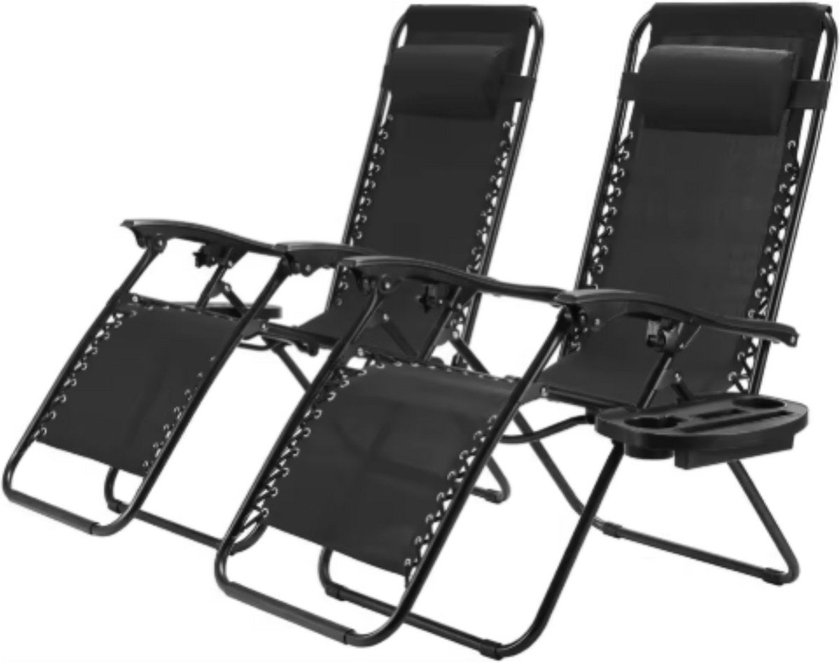 Opvouwbare stoel verstelbare stalen gaas - Zero Gravity lounge stoel - Fauteuils met kussens en bekerhouder - Zwart - 2 Stuks
