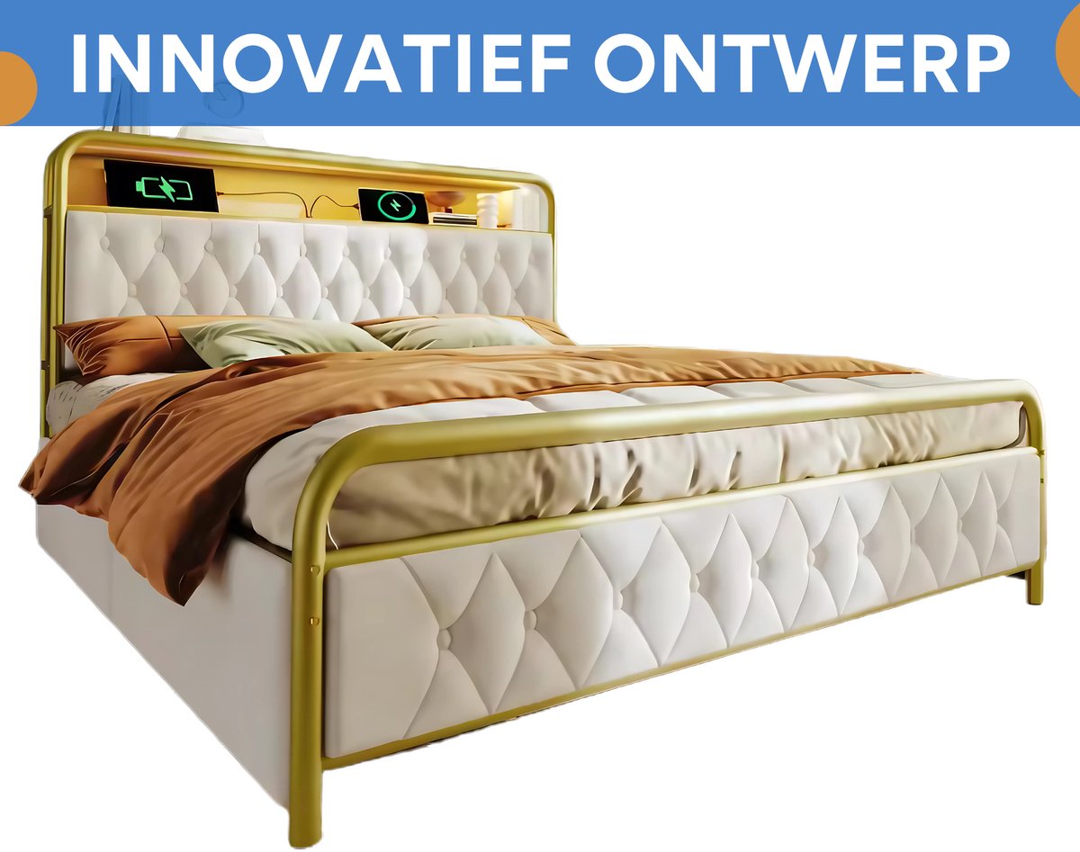 Bed - Tweepersoonsbedden - Tweepersoonsbed - Voor Slaapkamer - Met USB-C Oplaadfunctie, LED-verlichting & App-bediening - Metalen Bedframe met 4 Laden - Fluwelen Bekleding - 160x200cm