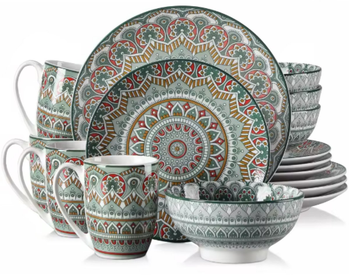 Rosello Serviesset - 16 delig - 4 persoons - Groen - Dinerborden - Bordenset - Diepe borden - Ontbijtborden - Servies - Keukenservies