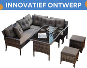 Tuinmeubelset - Loungeset - Tuinlounge Lounge Set - Lounge Set voor 7 Personen - Inclusief Sofa, Tafel, Kruk en Wasbare Kussens