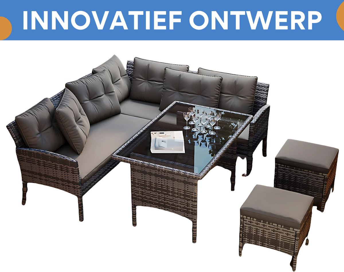 Tuinmeubelset - Loungeset - Tuinlounge Lounge Set - Lounge Set voor 7 Personen - Inclusief Sofa, Tafel, Kruk en Wasbare Kussens