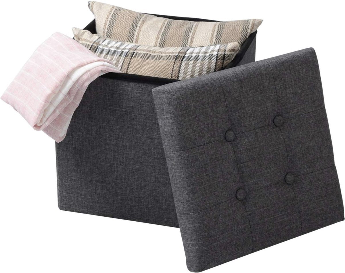 Happyment Poef Zazu - Met opbergruimte - Opbergbank Poef - Voetenbank - Opbergbox hocker - Zitkist met deskel - Donkergrijs - Stof - 50x35x45cm