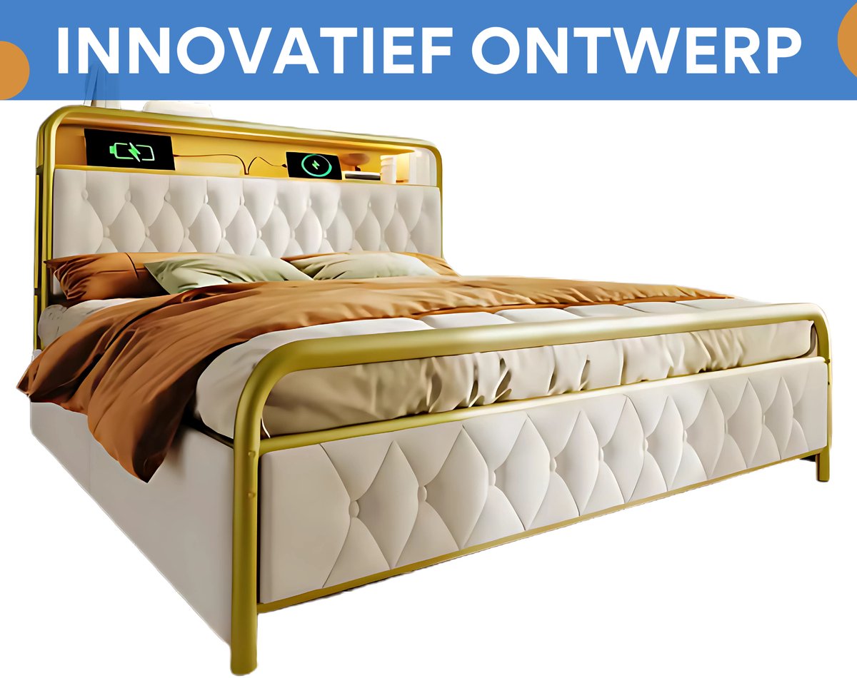 Bed - Tweepersoonsbedden - Tweepersoonsbed - Twijfelaar - USB C Oplaadfunctie APP-bediening LED Metalen bed bedframe 4 Laden Fluweel - 140x200cm