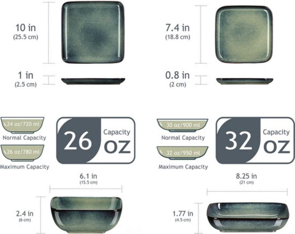 Happyment Serviesset - Servies 4 personen - Vierkant - 16-delig - Grijs