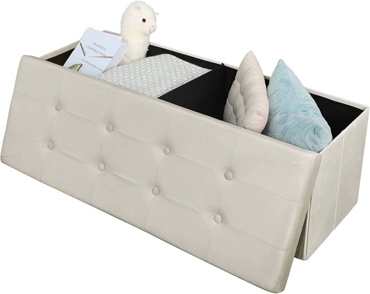 Luxe Opbergbank Nuni - Met opbergruimte - Zitbank Poef - Voetenbank - Opbergbox hocker - Zitkist met deskel - Creme - Velvet - 110x37.5x38cm