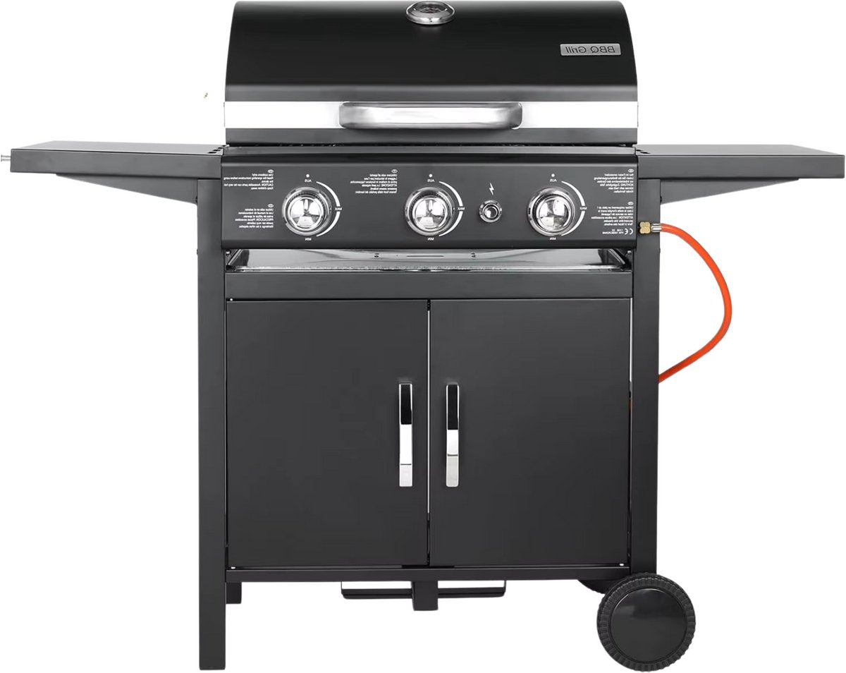 Propaangas BBQ-Grill met 3 Branders - Gas barbecue - Gietijzeren Roosters, Impulsontsteking & Thermometer