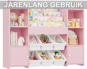 Speelgoedopbergkast – Kinderspeelkamer - Kinderboekenkast – Voor kinderen in kinderkamer of speelkamer – 6 verwijderbare dozen en 4-laags boekenplank – Roze