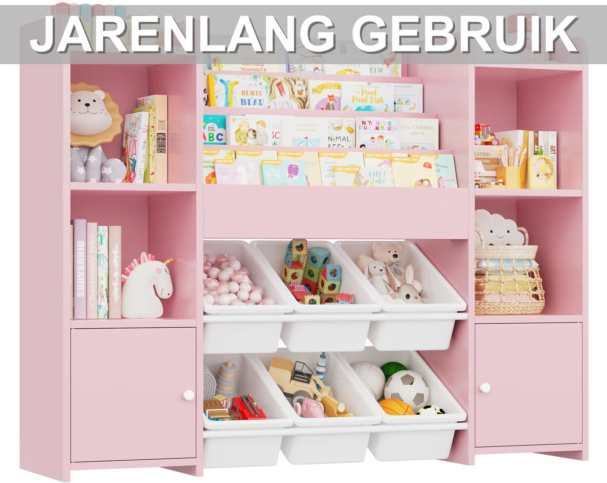 Speelgoedopbergkast – Kinderspeelkamer - Kinderboekenkast – Voor kinderen in kinderkamer of speelkamer – 6 verwijderbare dozen en 4-laags boekenplank – Roze