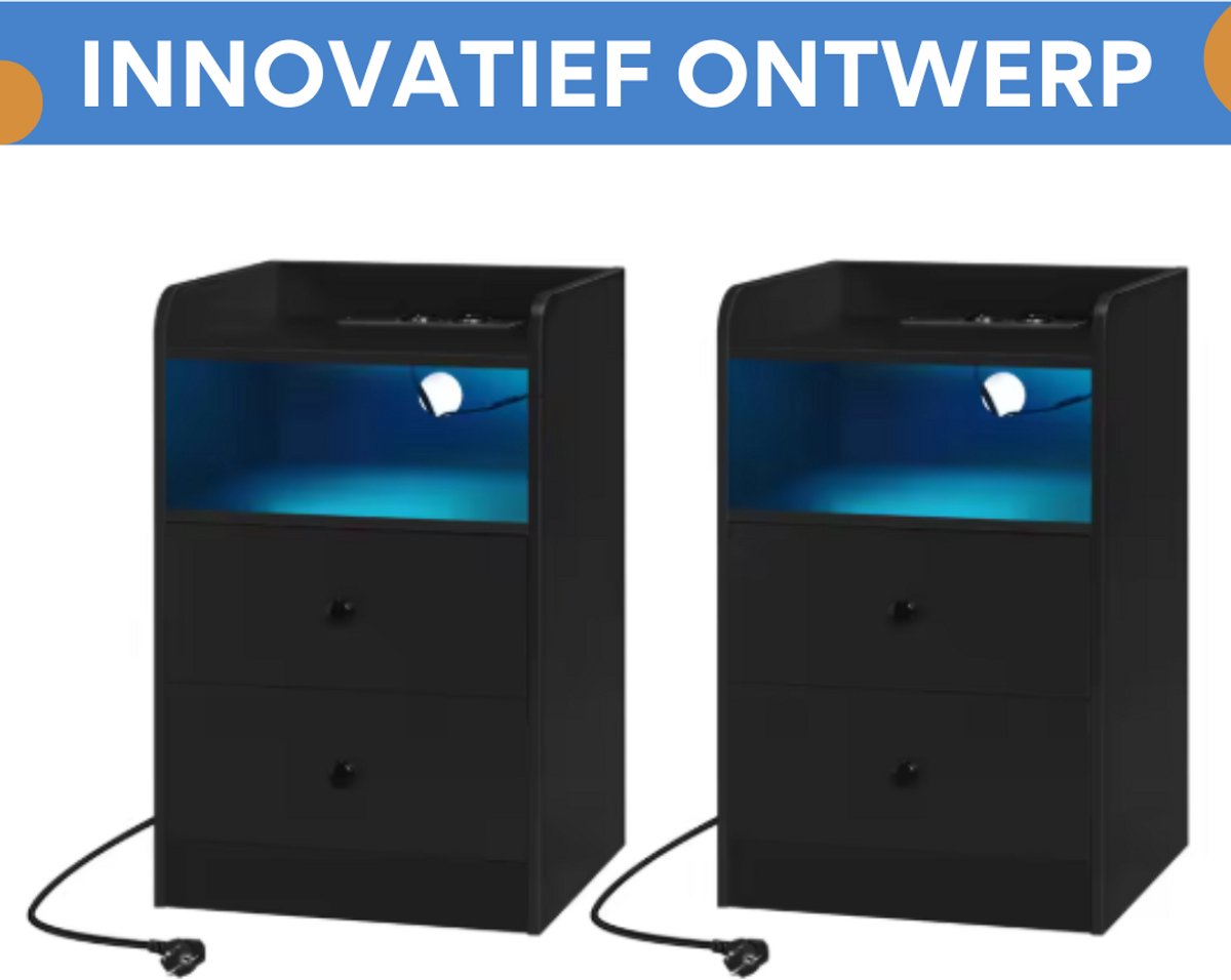 Nachtkast met RGB lichten - Zwart - Set van 2 - Slaapkamer - Met ingebouwde usb oplaadpoorten