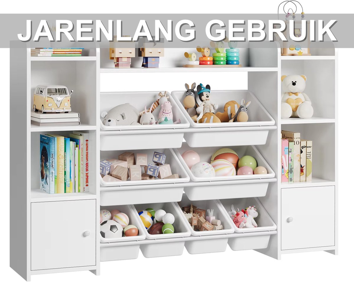 Speelgoedopbergkast – Kinderspeelkamer - Kinderboekenkast - Voor woonkamer, speelkamer en slaapkamer – Met 8 verwijderbare dozen en opbergplanken – 138,8×29,6×94,3 cm - Wit