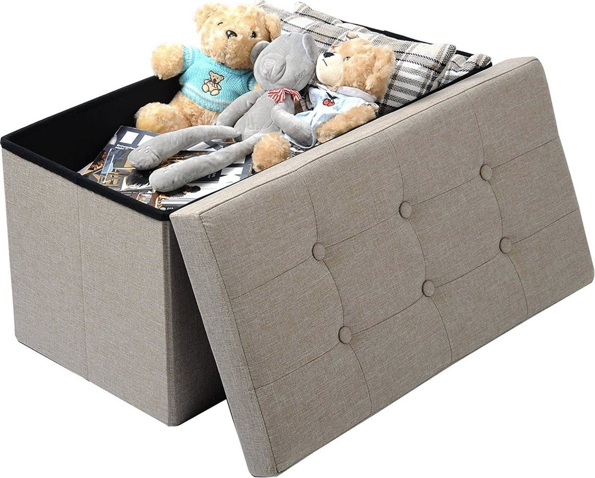 Moderne Opbergbank Fero - Met opbergruimte - Zitbank Poef - Voetenbank - Opbergbox hocker - Zitkist met deskel - Beige - Stof - 76x38x38 cm