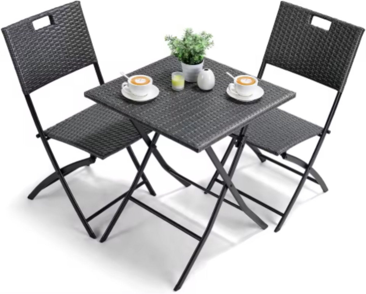 Outdoor Klaptafel Set - Balkonset - 3- delig - Voor Camping en Picknick - Opvouwbare Rotan Meubelstoel en Tafel - Draagbare Balkonset met 2 Stoelen - Donkergrijs
