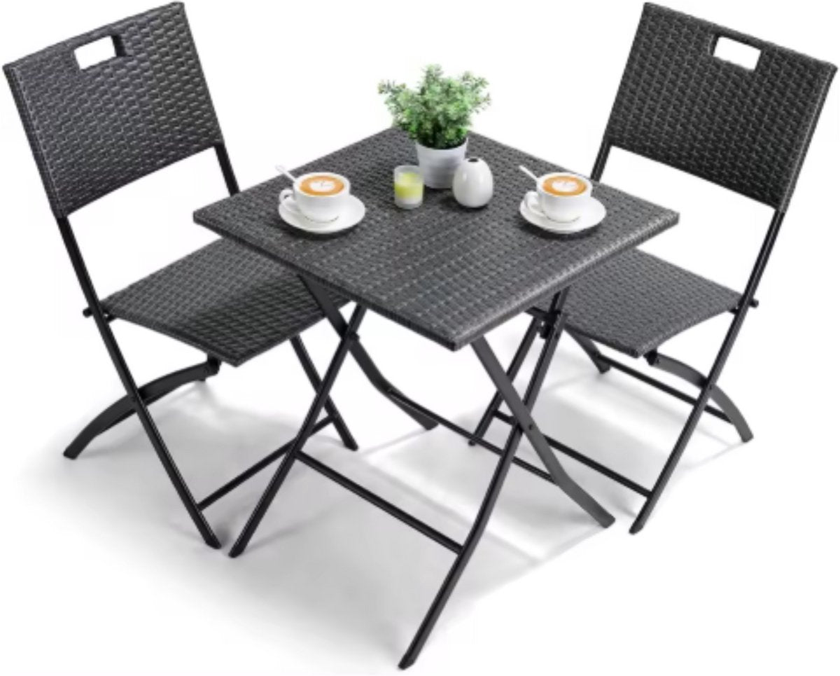 Outdoor Klaptafel Set Valora - Balkonset - 3-delig - Voor Camping en Picknick - Opvouwbare Rotan Meubelstoel en Tafel - Draagbare Balkonset met 2 Stoelen - Donkergrijs
