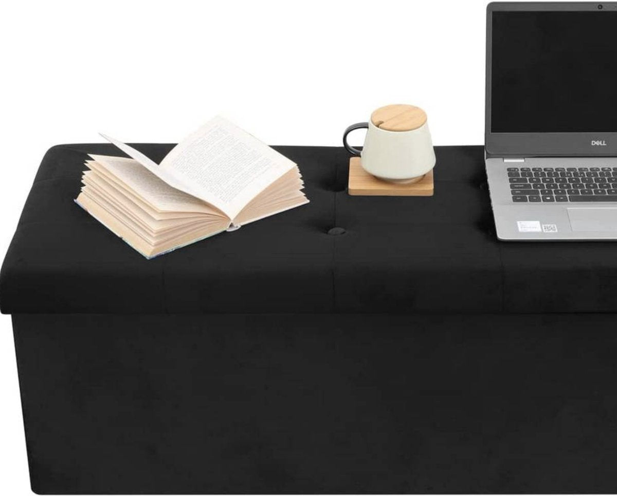 Luxe Opbergbank Zico - Met opbergruimte - Zitbank Poef - Voetenbank - Opbergbox hocker - Zitkist met deskel - Black - Velvet - 110x37.5x38cm
