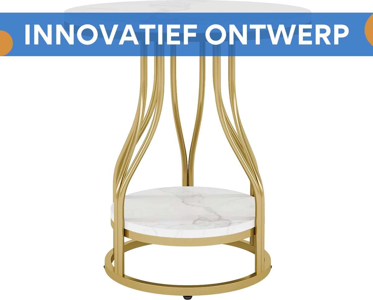 Moderne Bijzettafel met 2 Lagen - Marmerlook - Goud - Voor woonkamer of slaapkamer - Tafeltje
