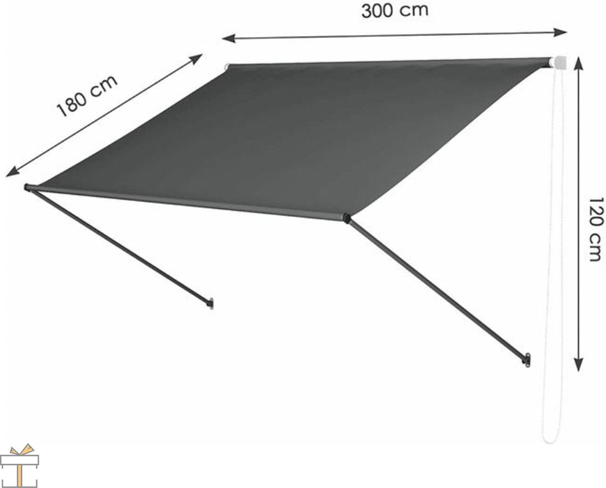 Happyment Zonneluifel deluxe - Handmatig - Luifel met steunpoten - Zonnescherm - Terras - Tuin of balkon - Grijs - 300x180cm